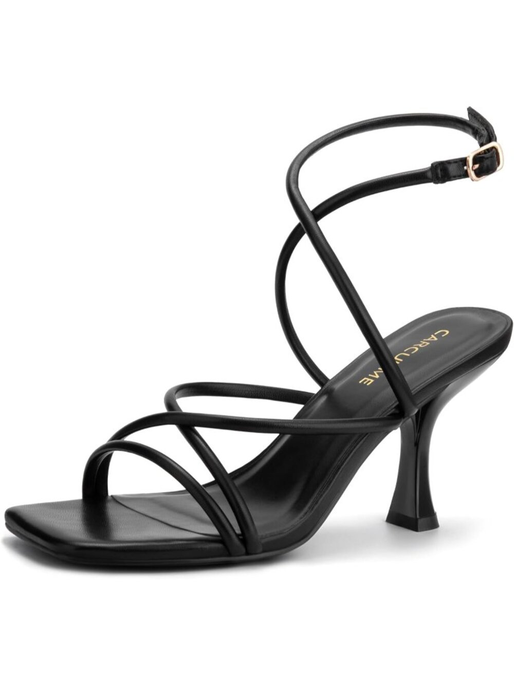 Women's Black P Square Toe Strappy Lace Up Heel Sandals Ankle Buckle Kitten Heel